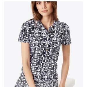 Tory Burch Terrycloth Lennox Polo Octagon Geo Print Black & White Gold Button L